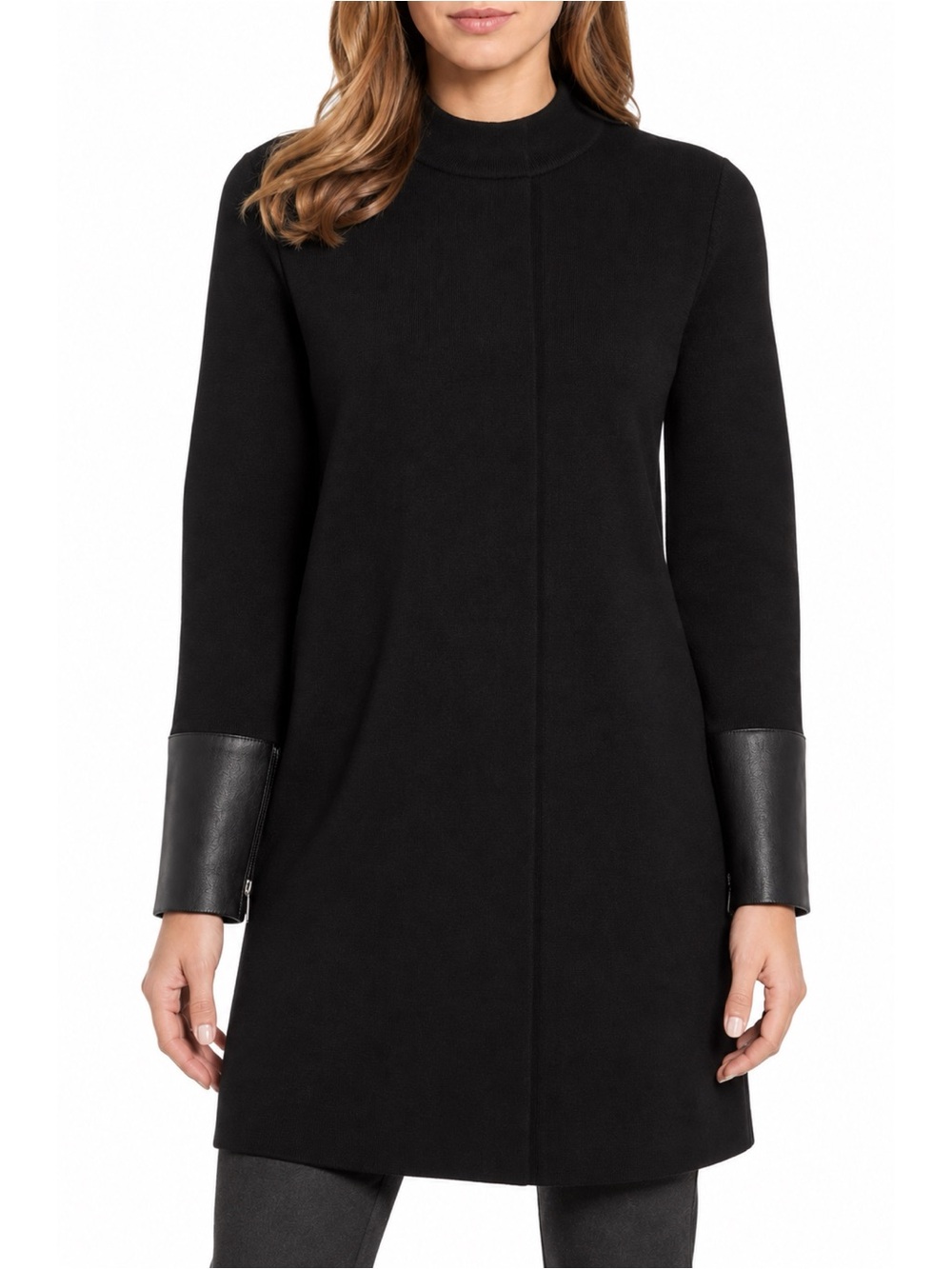 Eileen Fisher Black 100% Wool Long Cardigan Jacket Leather Cuffs Sz PM